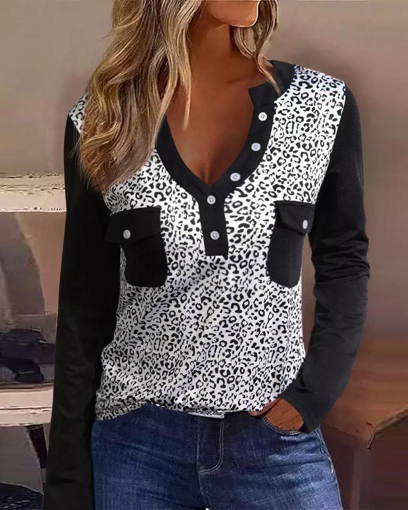 

Leopard Print Button Detail Long Sleeve Top, Black