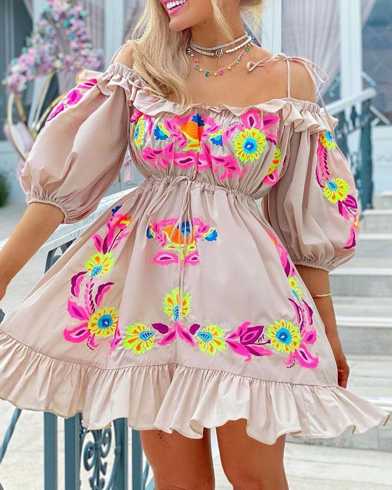 

Off Shoulder Ruffle Hem Floral Print Dress, Apricot