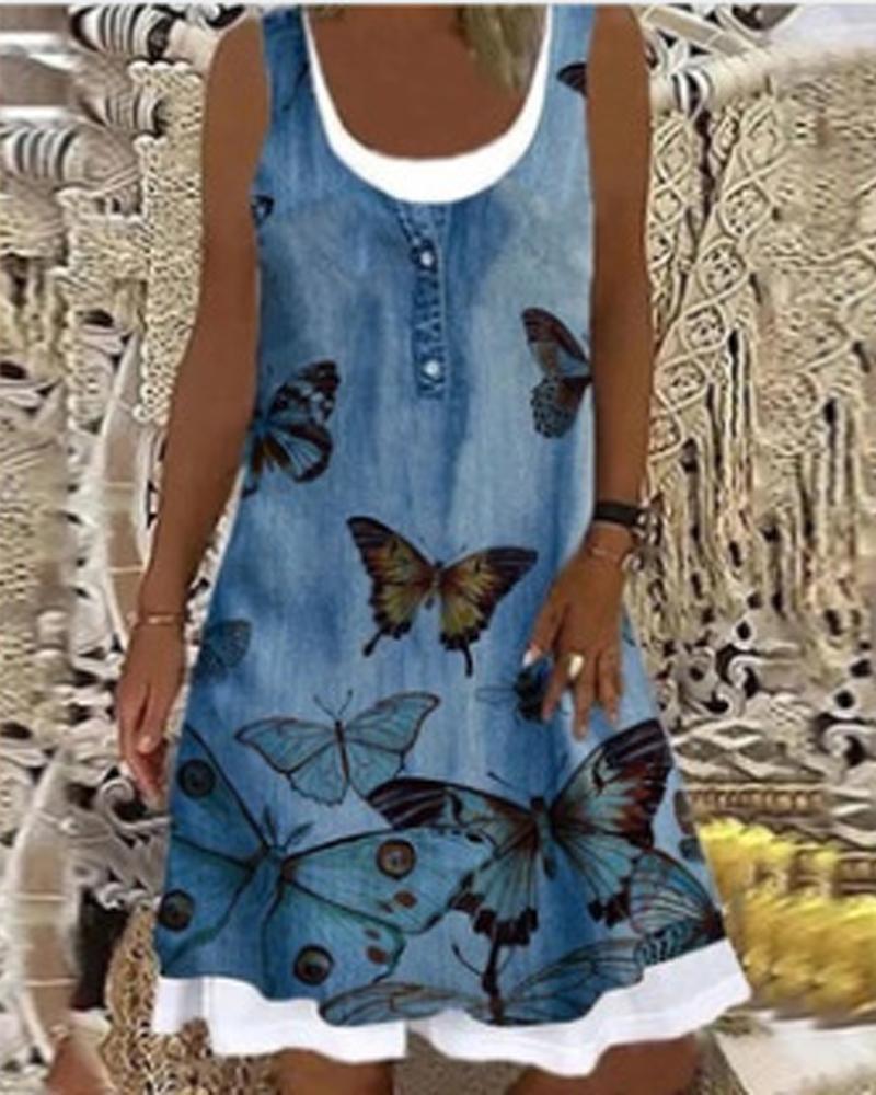 Butterfly Print Patchwork Casual Tank Dress