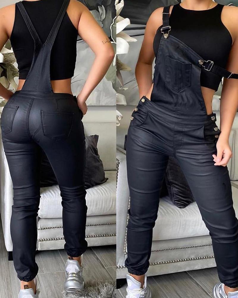 

Pocket Design Plain Suspender Jumpsuit, Black