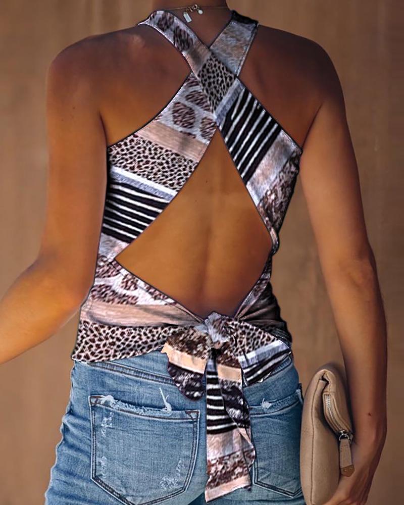 

Leopard Striped Print Crisscross Halter Backless Tied Detail Top, Multicolor