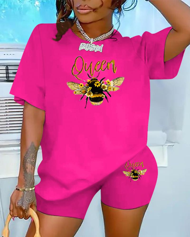 

Plus Size Queen Bee Print Casual Top & Shorts Set, Rose red