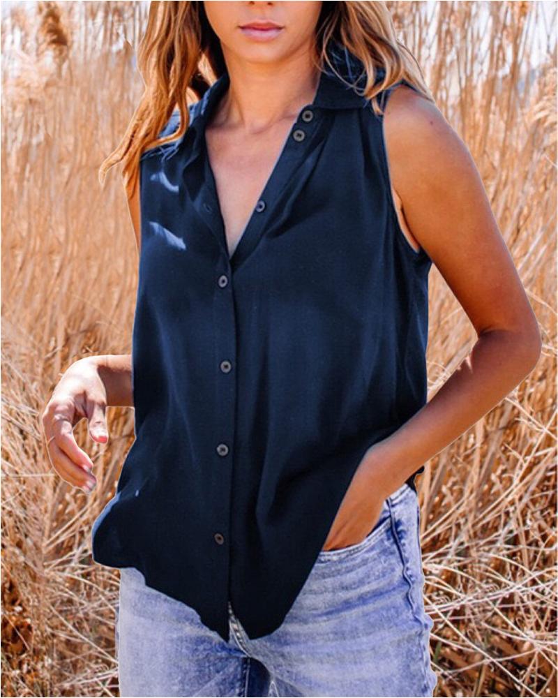 

Sleeveless Plain Button Down Shirt, Purplish blue
