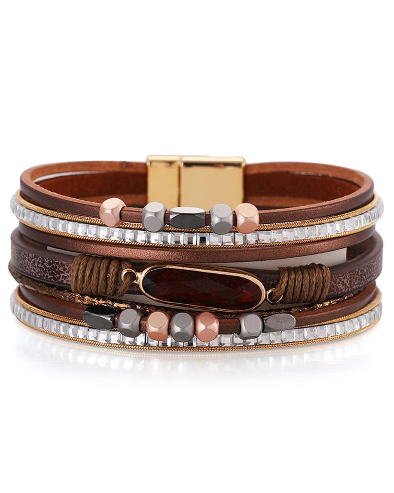 

1pc Tribal Bohemian Multi-layer Beaded Magnet Wide Bracelet, Brown