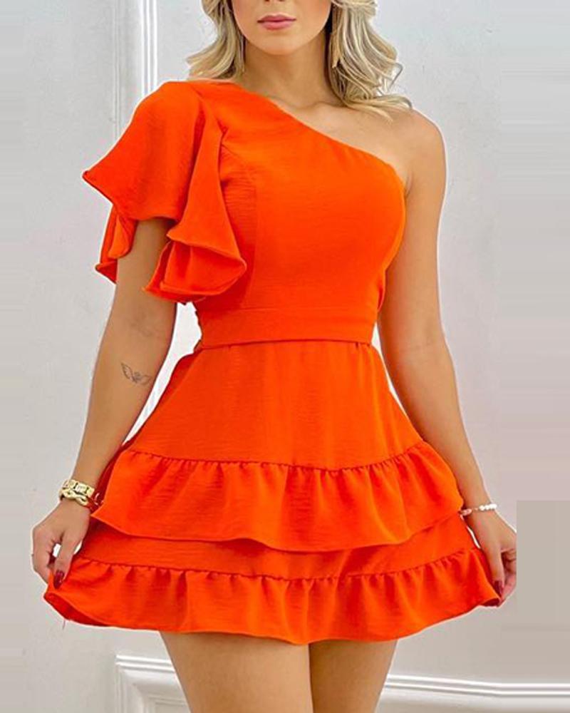 

One Shoulder Ruffle Hem Casual Dress, Orange