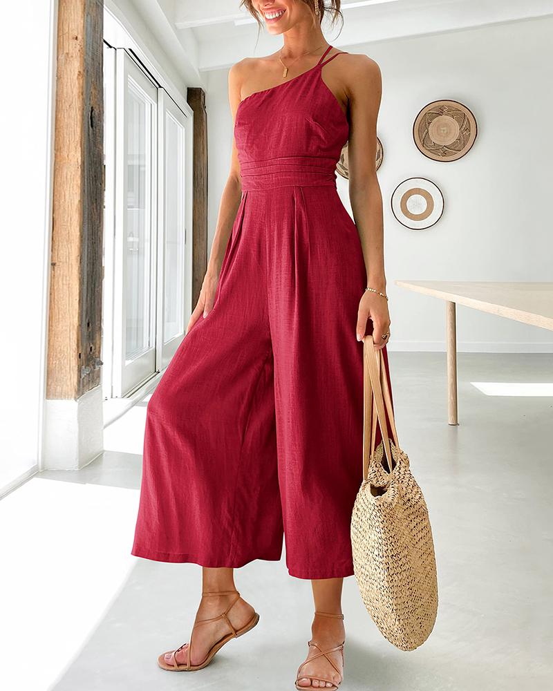 

One Shoulder Wide Leg Jumpsuit, Wine red