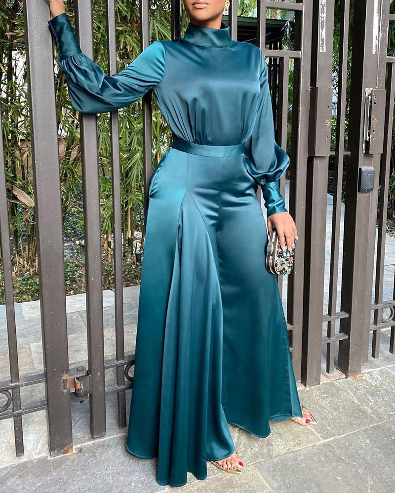 

Satin Lantern Sleeve Ruffles Wide Leg Jumpsuit, Blue
