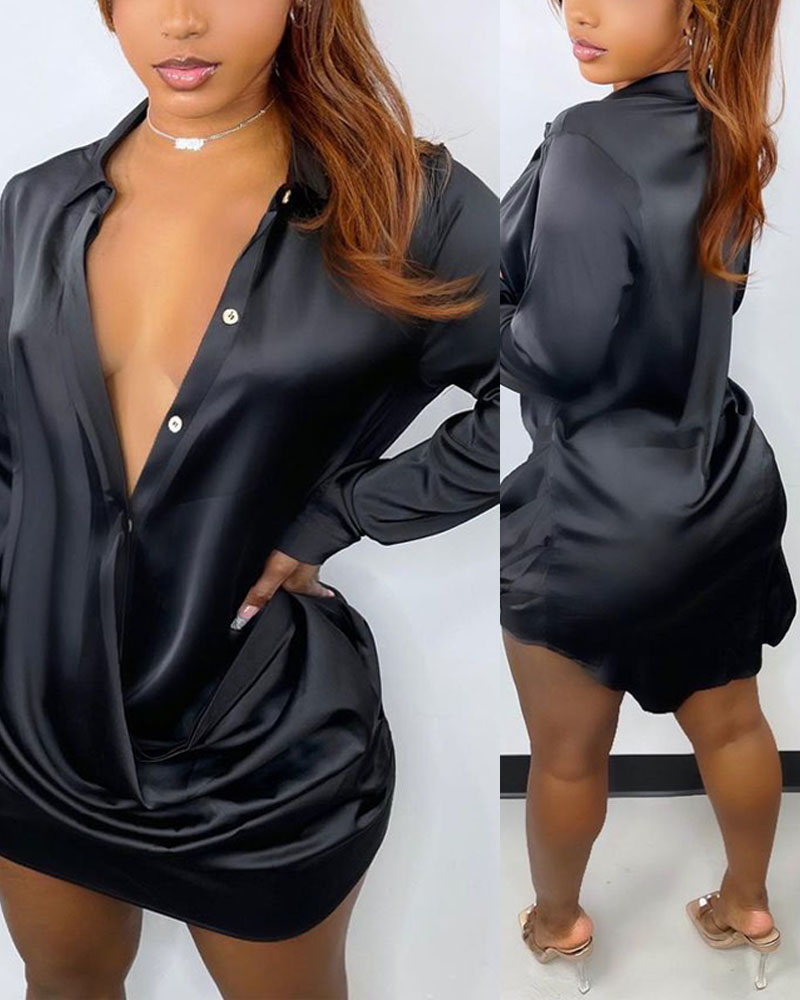 

Satin Button Front Long Sleeve Shirt Dress, Black