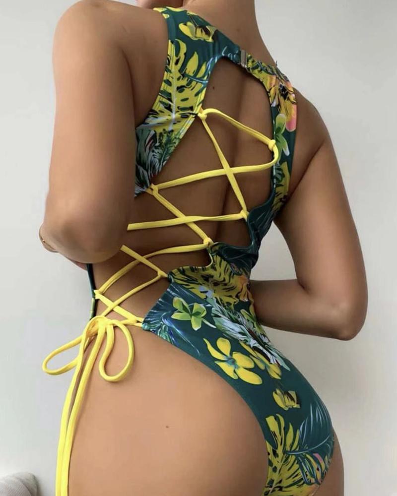 

Tropical Print Lace-up Backless One-Piece Swimsuit, Green