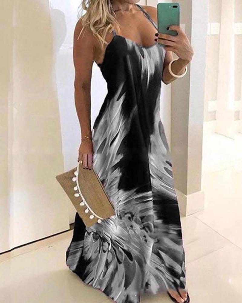 

Halter Sleeveless Print Maxi Women Dress, Gray