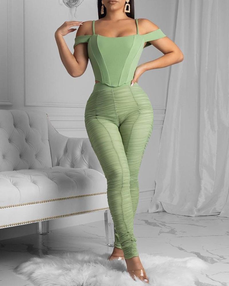 

Solid Cold Shoulder Ruched Top & Pant Set, Green