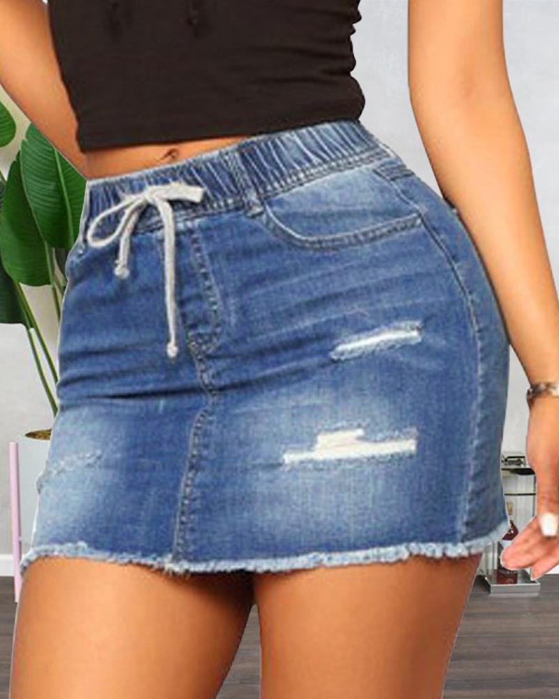 

Ripped Raw Hem Drawstring Denim Skirt, Blue