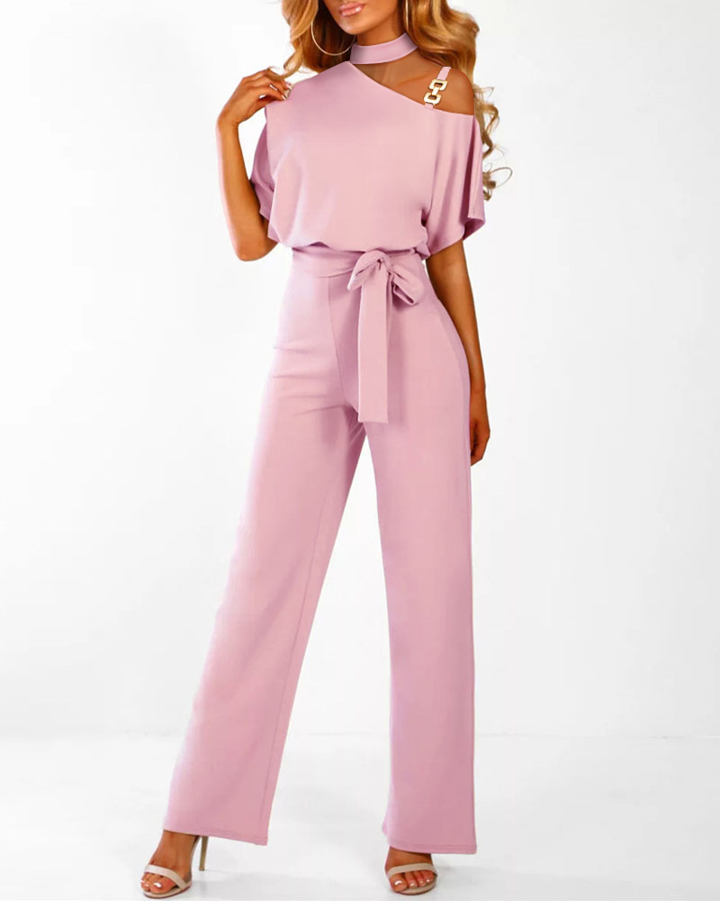 

Chain Strap Cold Shoulder Belted Jumpsuit, Pink