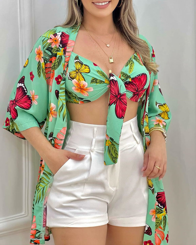 

Butterfly Floral Print Tie Front Crop Top With Cardigan, Green