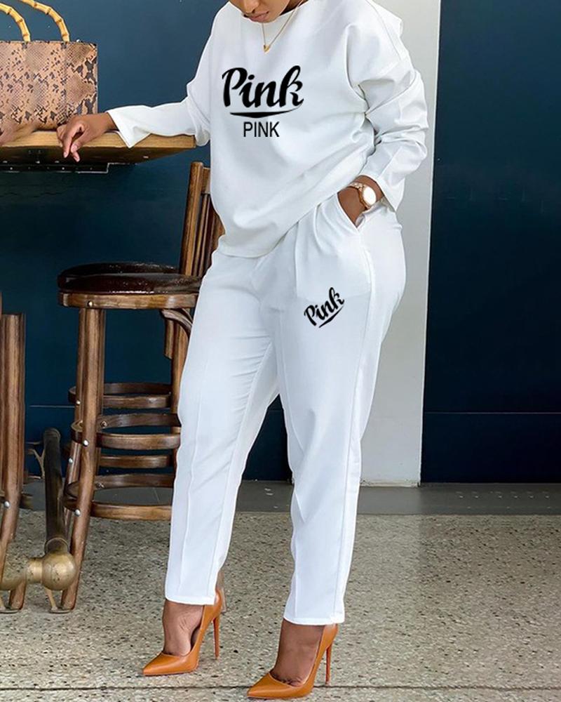 

Letter Print Long Sleeve Top & Pocket Design Pants Set, White