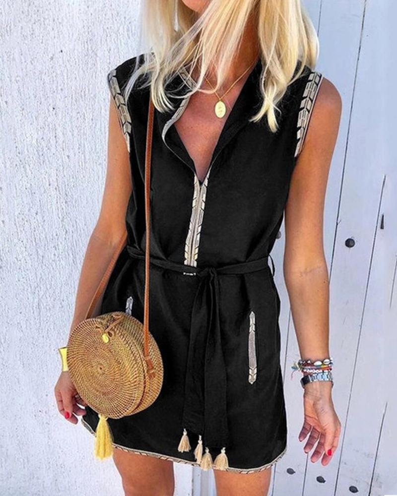 

Tassel Design Plunge Colorblock Sleeveless Dress, Black