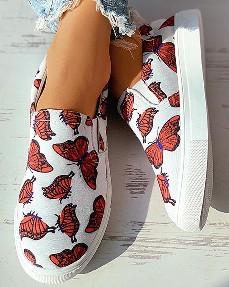 

Butterfly Print Close Toe Casual Shoes, Red