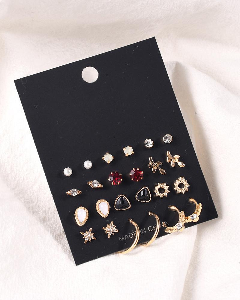 

12Pair Minimalist Rhinestone Decor Earrings Set, Gold