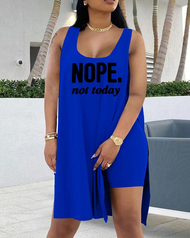 

Letter Print Split Hem Tank Top & Shorts Set, Blue