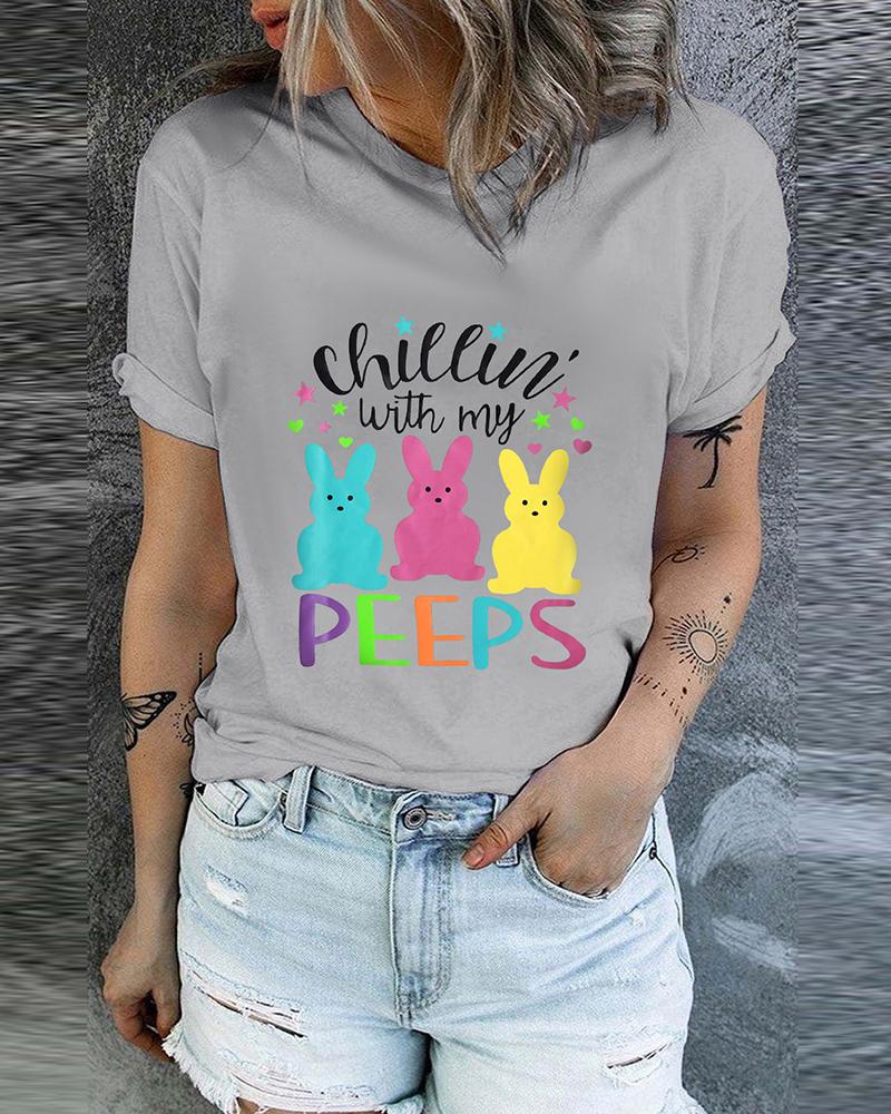 

Happy Easter Bunny Print T-shirt Holiday Graphic Tee, Gray