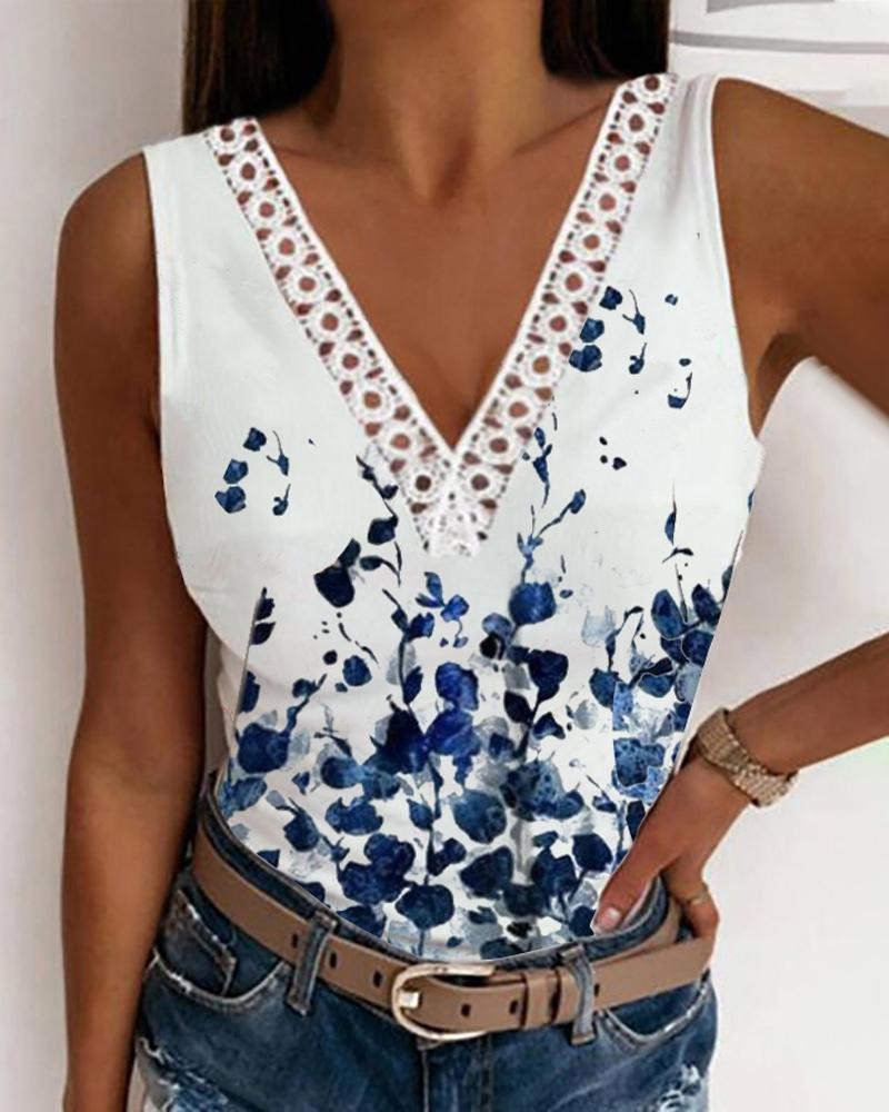 

Plants Print Lace Trim V-Neck Tank Top, White