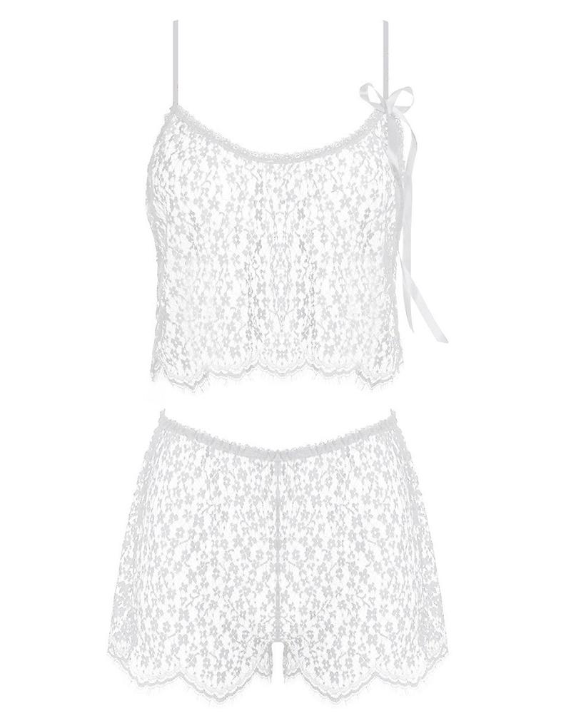 

Scallop Trim Floral Lace Cami Set, White