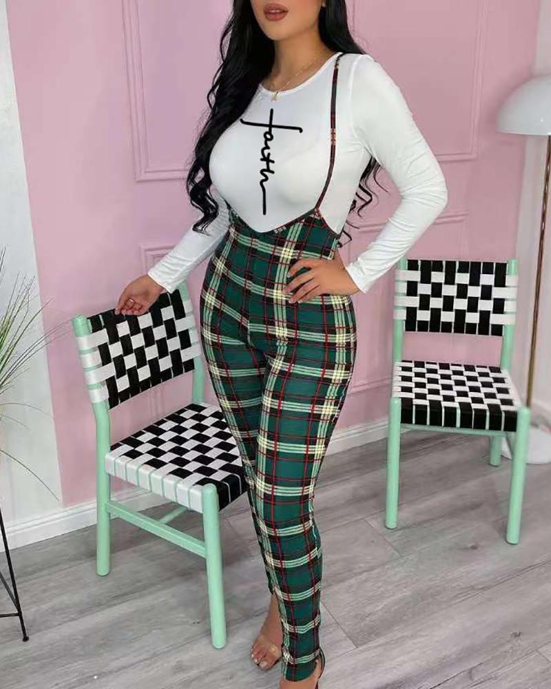 

Letter Print Long Sleeve Top & Houndstooth Suspender Jumpsuit, Green