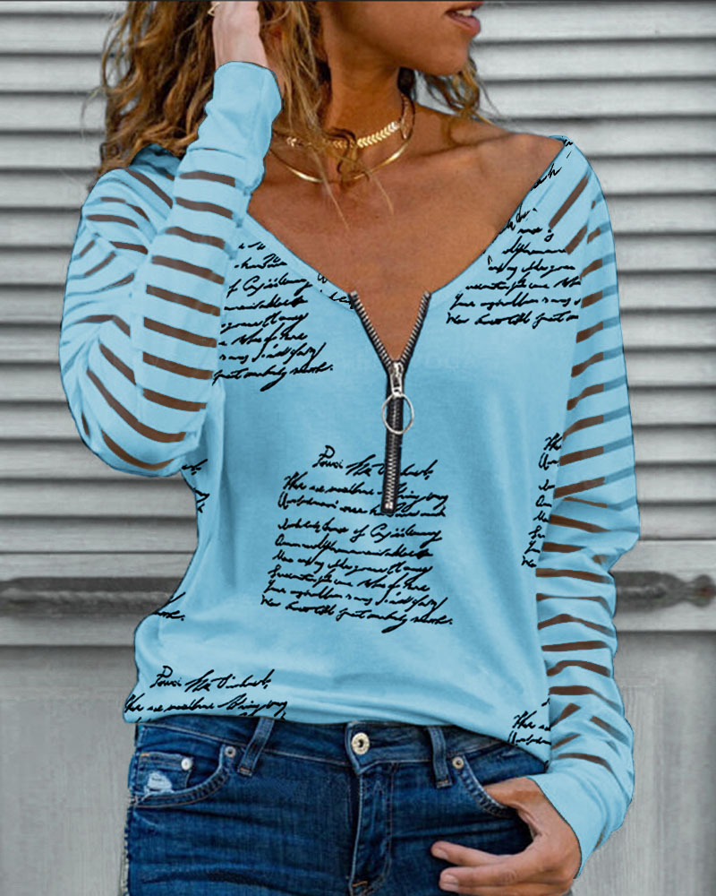 

Letter Print Zipper Design V-Neck Top, Blue