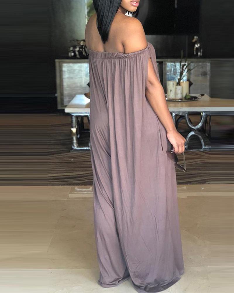 

Off Shoulder Pocket Design Ruched Wide Leg Jumpsuit, Coffee