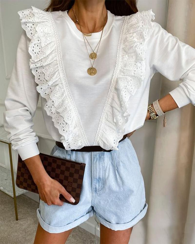 Layered Ruffles Eyelet Embroidery Long Sleeve Top