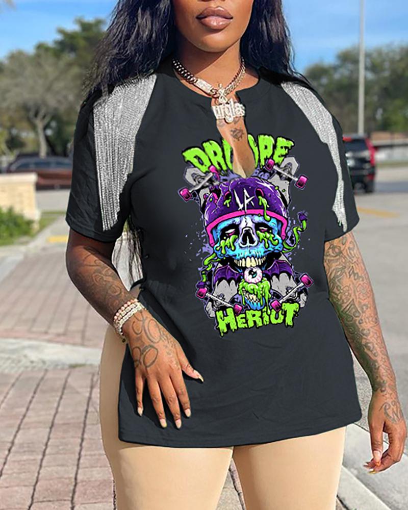 

Side Slit Tassel Cartoon Letter Print T-shirt, Black