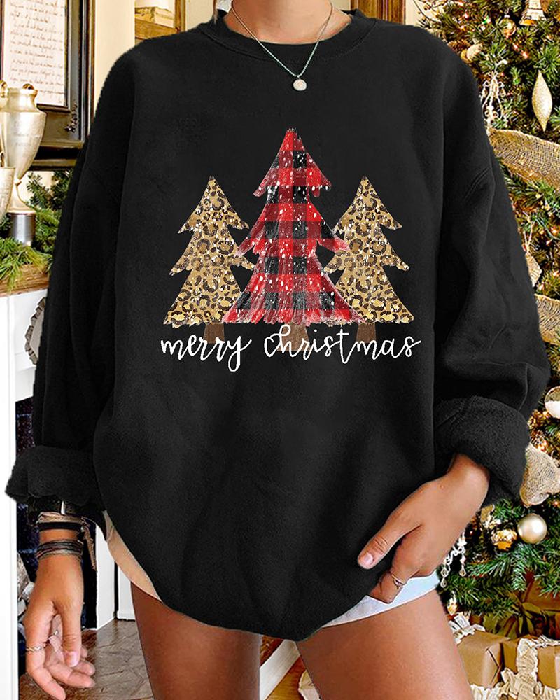 

Christmas O-neck Letter Tree Cheetah Plaid Print Sweatshirt, Black