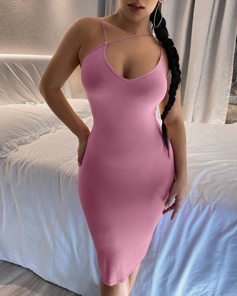 

Asymmetrical Neck Sleeveless Skinny Midi Dress, Pink