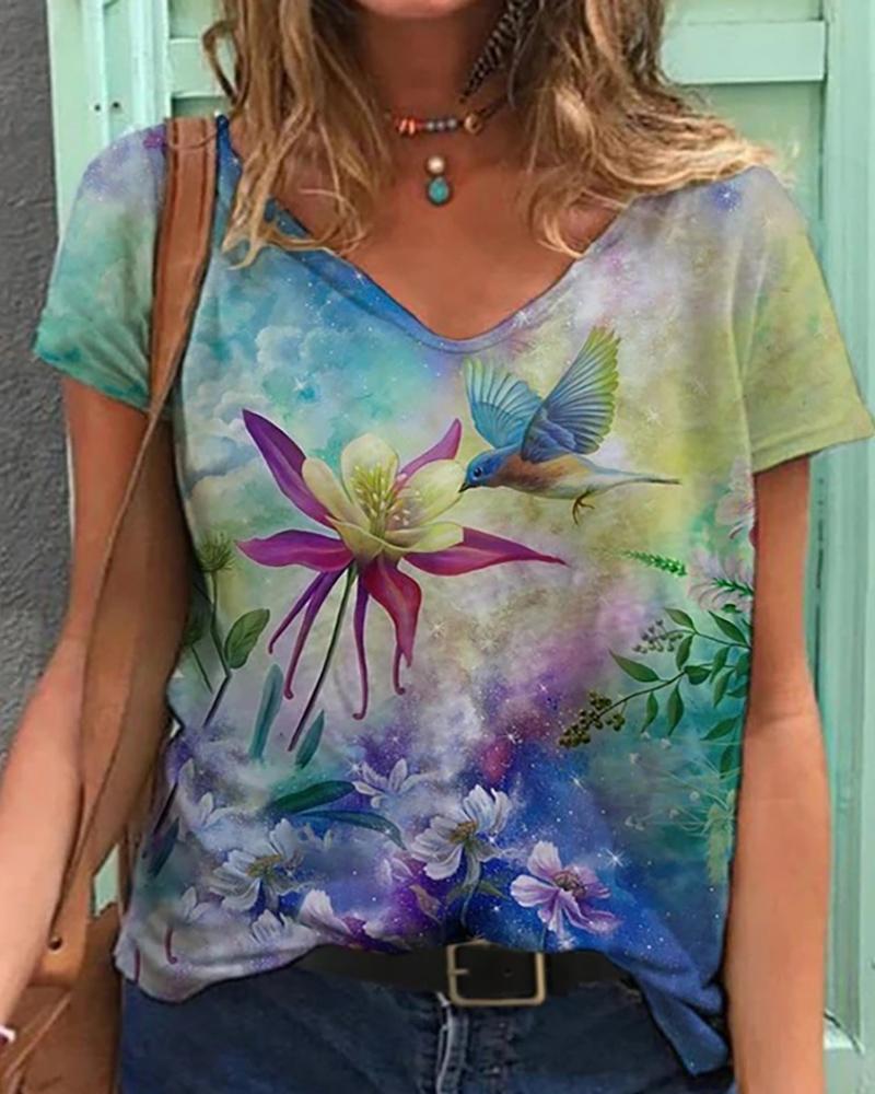 

Floral Animal Print V Neck Short Sleeve Casual T-Shirt, Style6