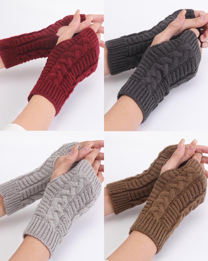 

1Pair Warm Cable Knit Fingerless Gloves, Wine red