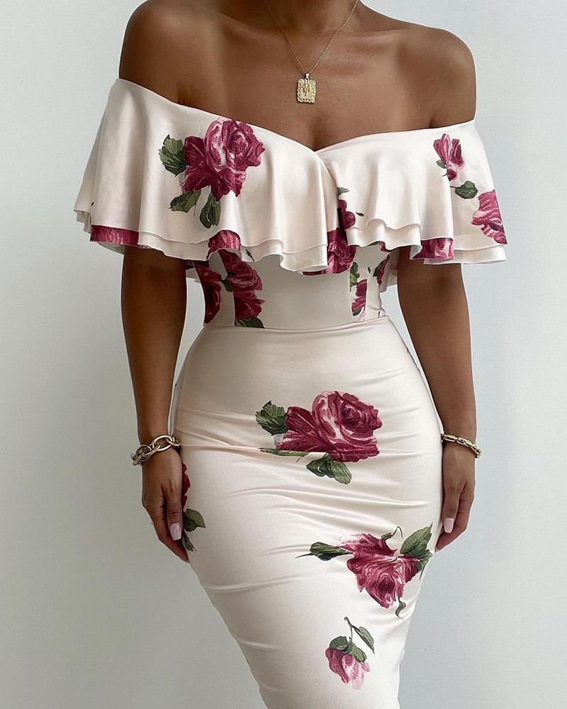 

Floral Print Off Shoulder Ruffles Skinny Dress, Beige