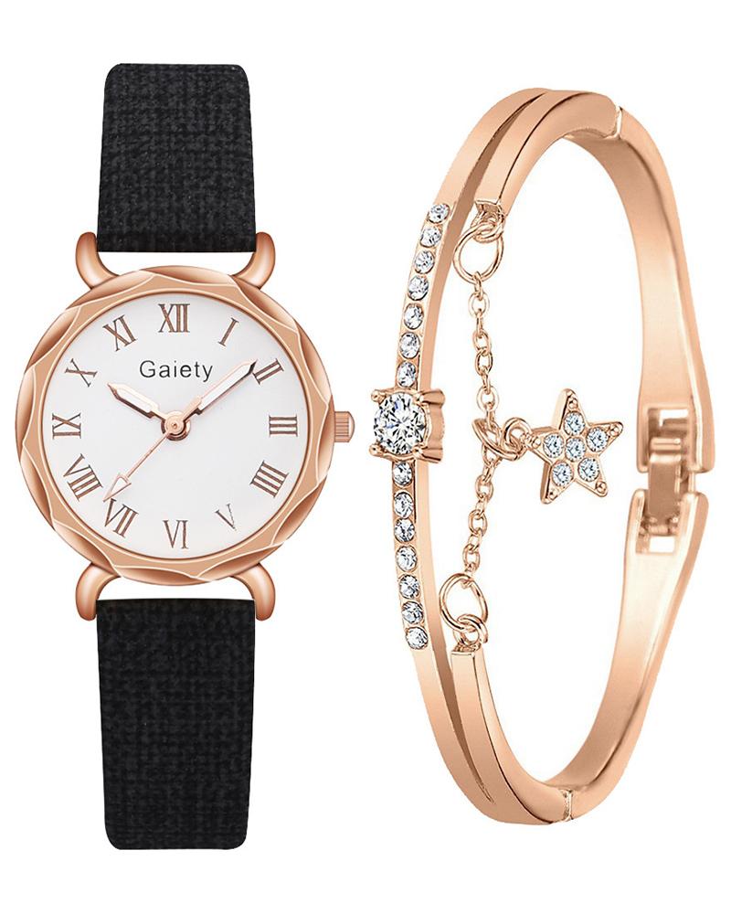 

Minimalist Pointer Quartz Watch & Star Rhinestone Bracelet Set, Black