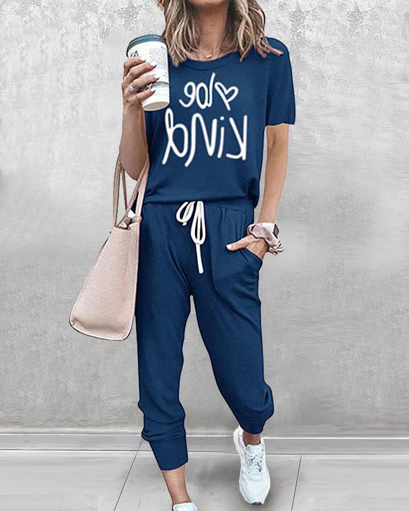 

Letter Print Short Sleeve Loose T-shirts With Pants Suit Sets, Blue