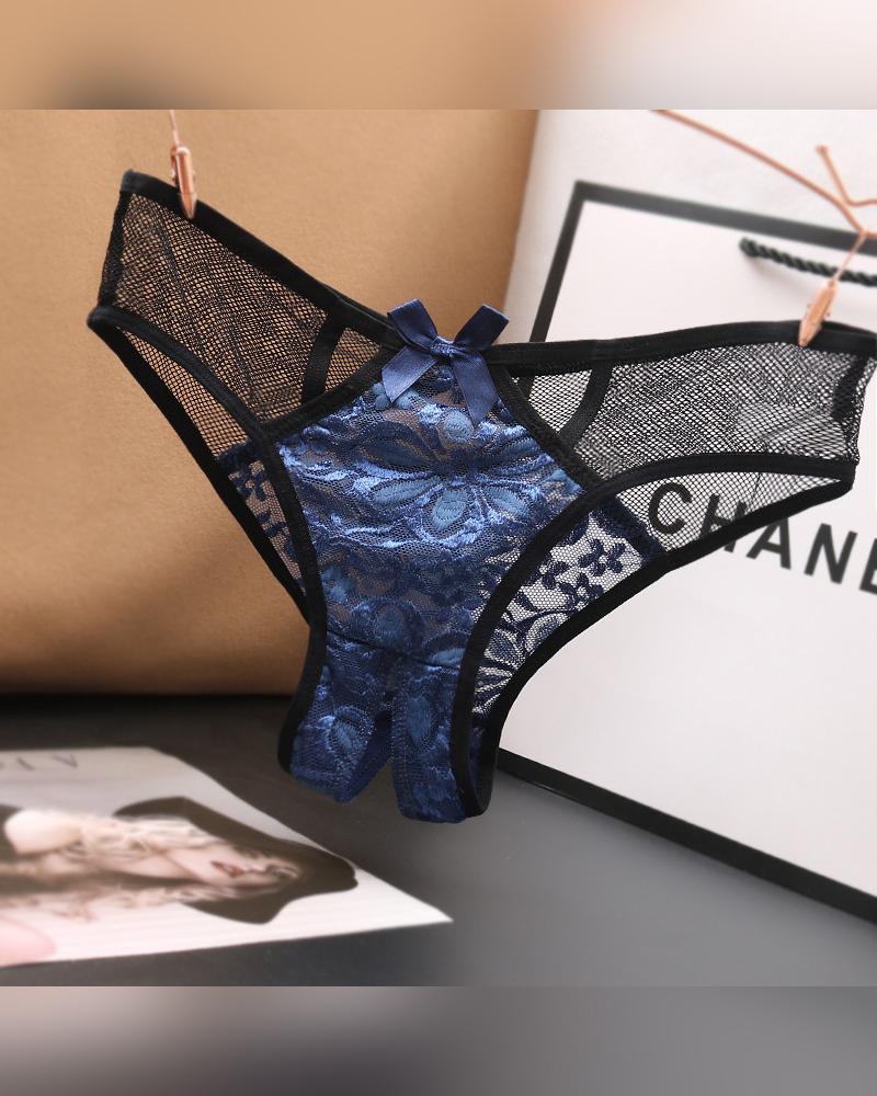 

Sexy See-through Color Block Lace Mesh Skinny Thong Panties, Blue