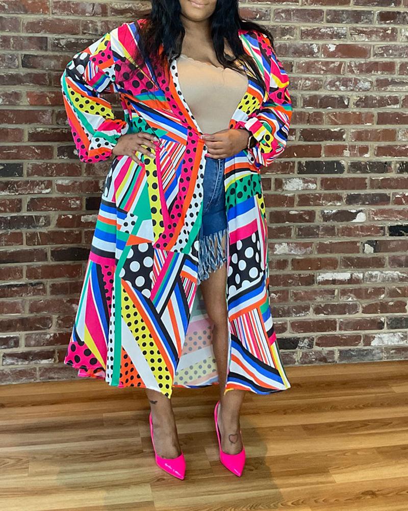

Plus Size Geometric Polka Dot Print Longline Shacket, Multicolor