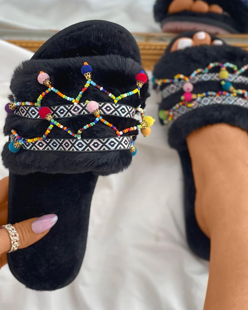 

Colorful Beaded Decor Embroidery Fluffy Slippers, Black