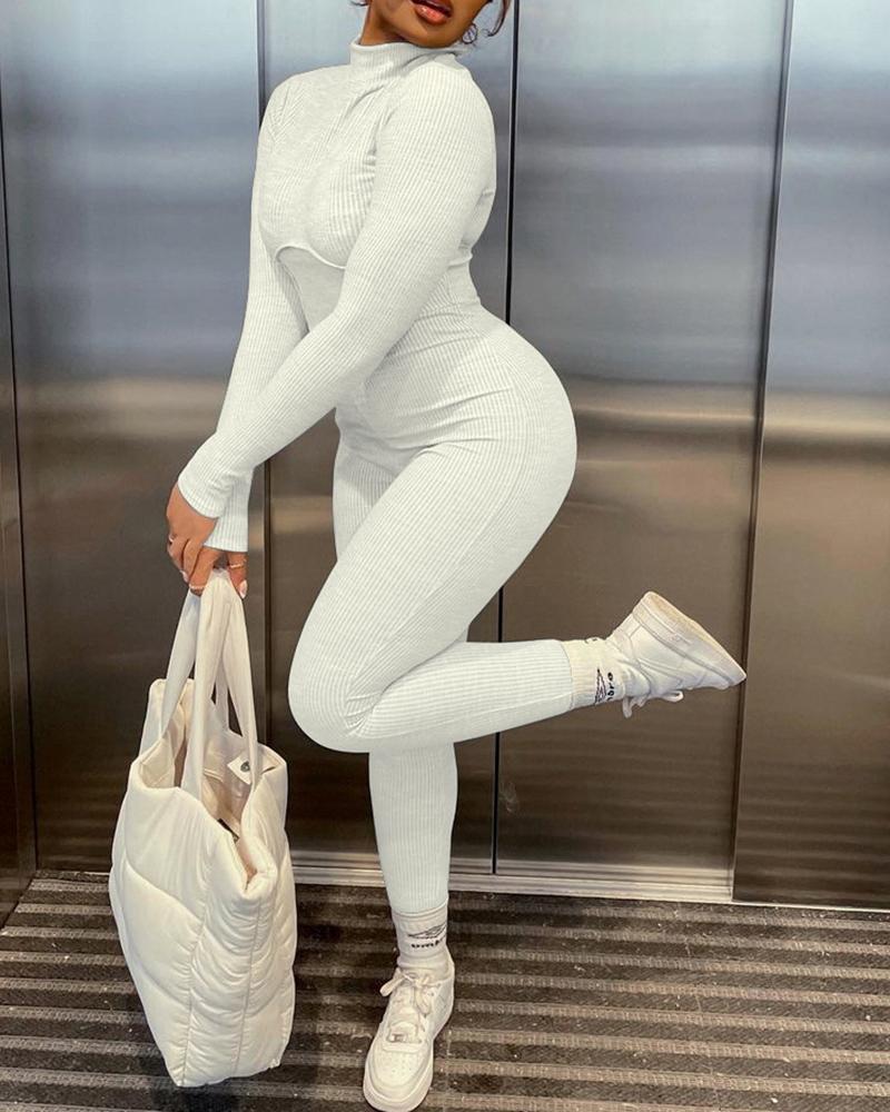 

Ribbed Zipper Back Long Sleeve Skinny Jumpsuit, White