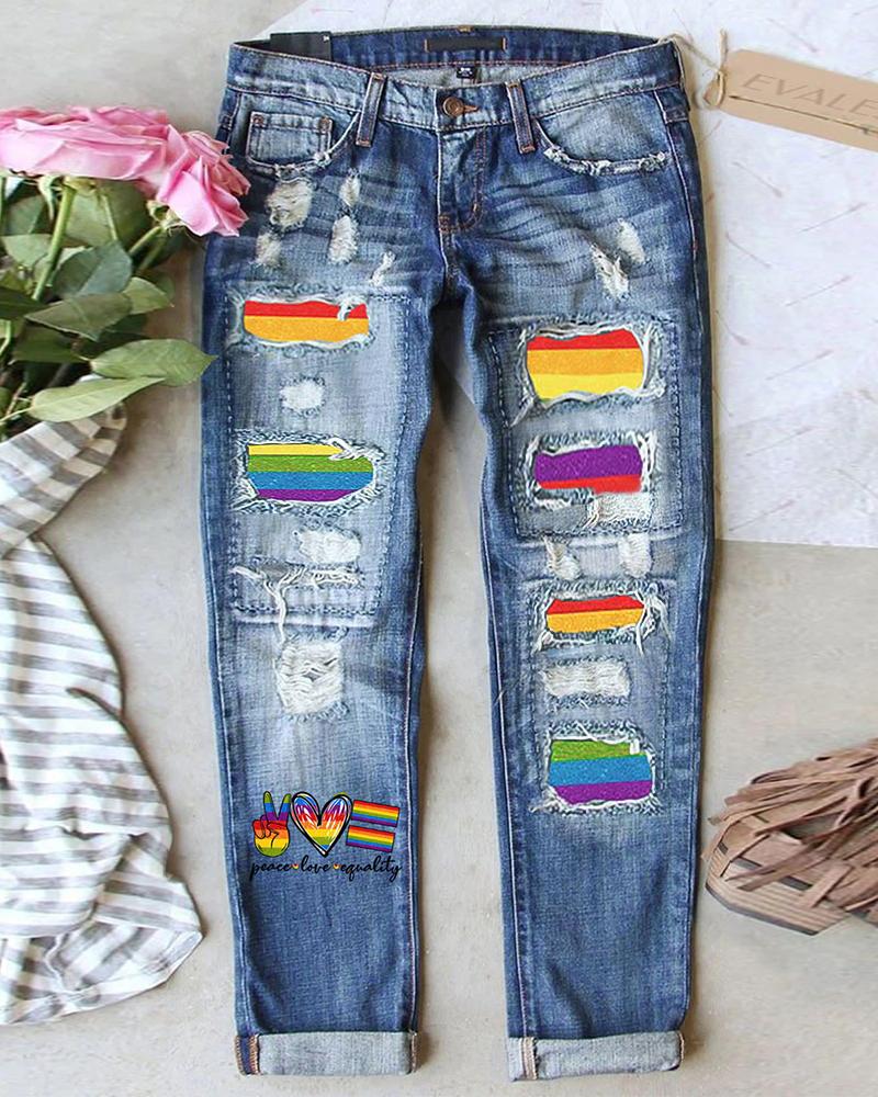 

Rainbow Stripe Graphic Heart Letter Print Patchwork Ripped Jeans, Blue
