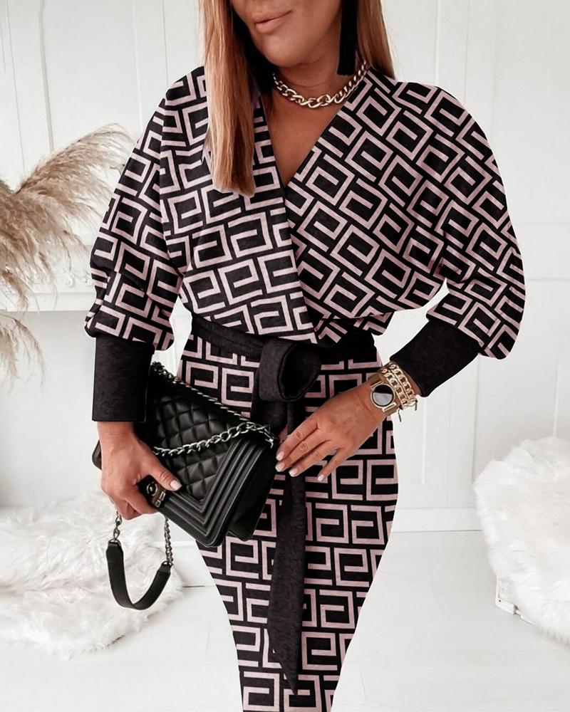 

Geometric Pattern Lantern Sleeve Tied Detail Casual Dress, Black