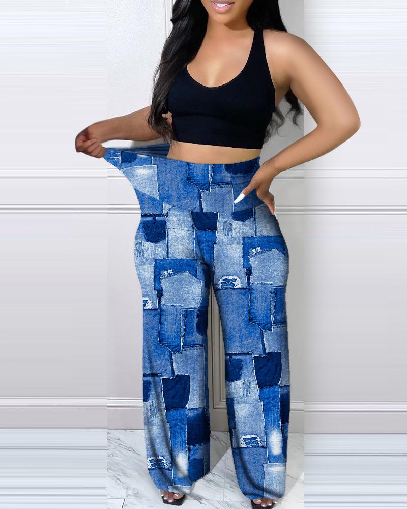 

Plus Size Denim Look Print High Waist Pants, Blue