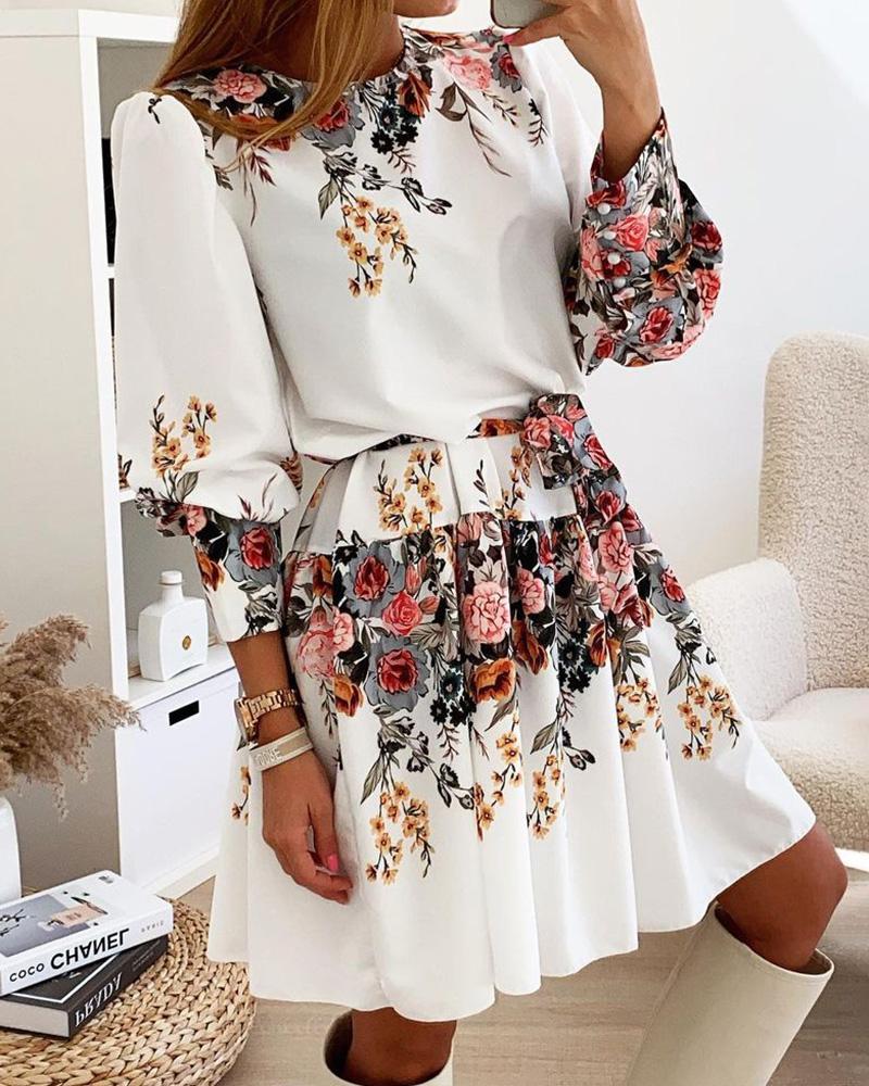 

Lantern Sleeve Floral Print Dress With Belt, White