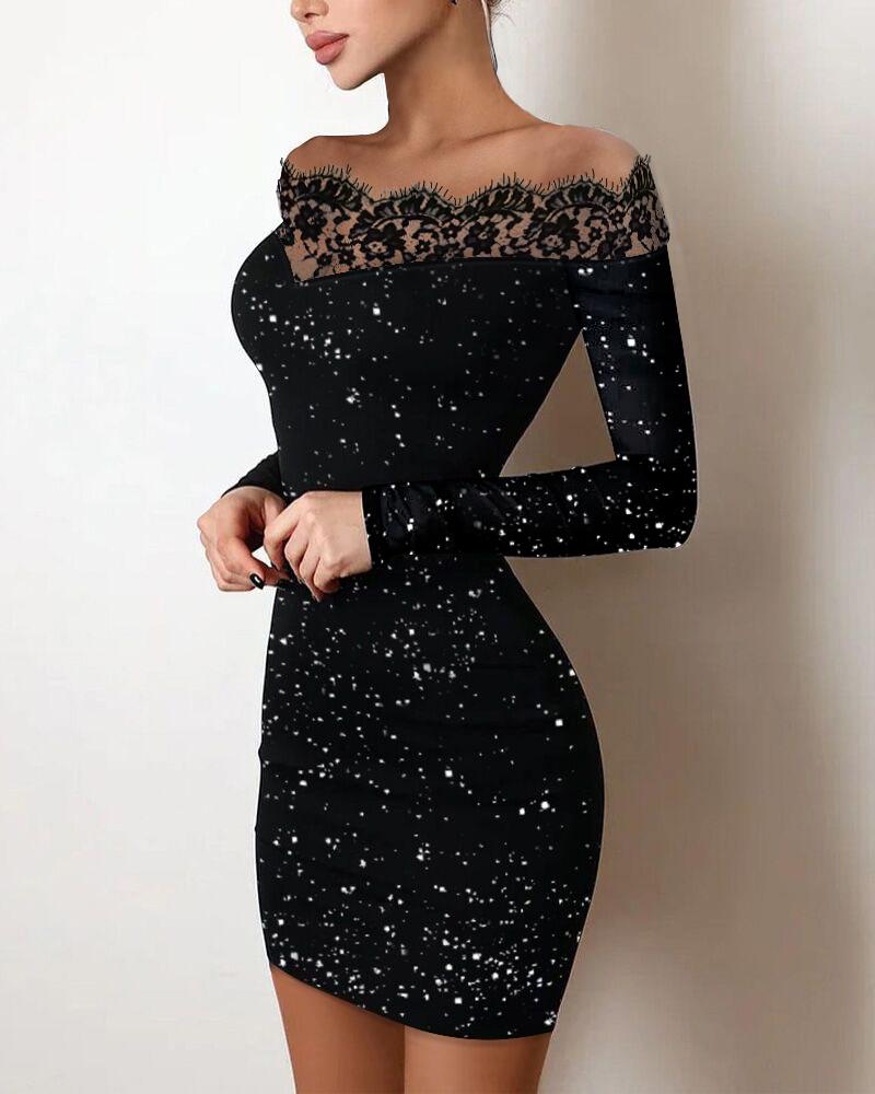 

Plus Size Off Shoulder Eyelash Lace Glitter Bodycon Dress, Black
