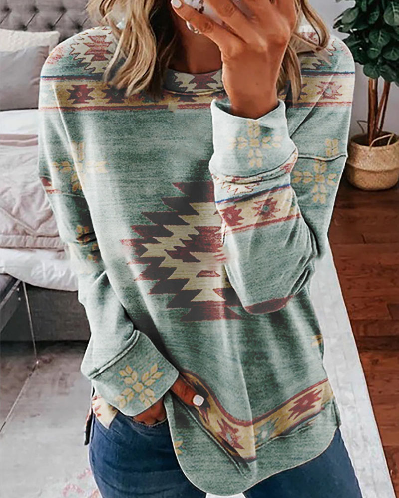 

Geo Print Long Sleeve Retro Sweatshirt, Green