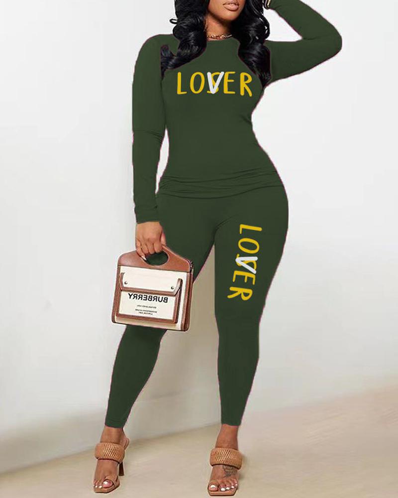 

Letter Print Long Sleeve Top & Pants Set, Army green