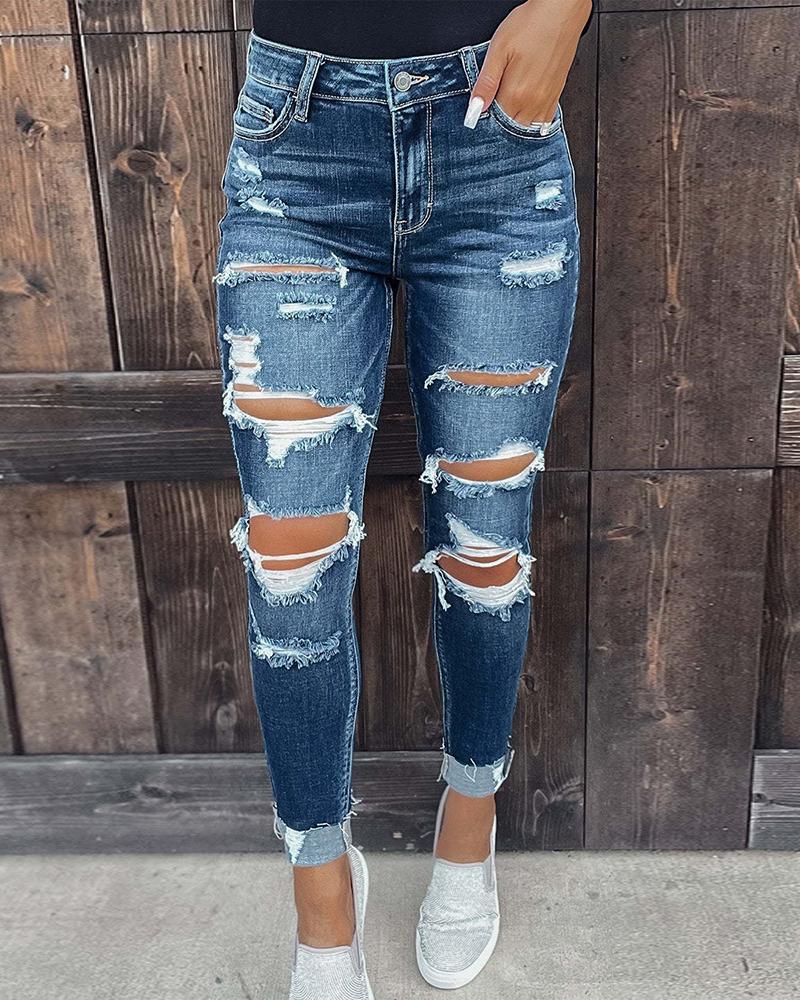 

Cutout Ripped Pocket Design Jeans, Blue